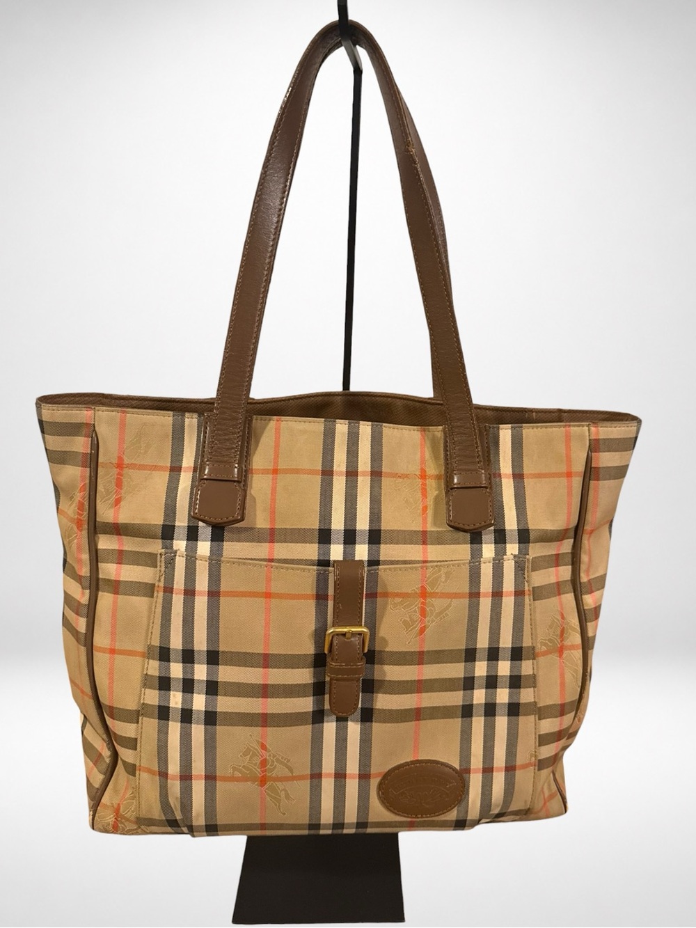BURBERRY Authentic Vintage Horseferry Nova Check Tote Bag Brown Leather